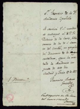 Carta de Francisco Antonio González al tesorero con la indicación de que entregue a Patricio de l...