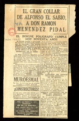 Recorte del diario Ya con el artículo El gran Collar de Alfonso el Sabio a don Ramón Menéndez Pidal