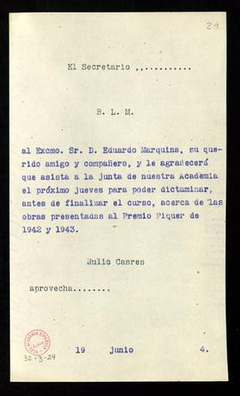 Copia del besalamano del secretario, Julio Casares, a Eduardo Marquina en el que le agradece que ...