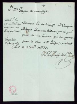 Orden del marqués de Santa Cruz a Gaspar de Montoya del pago a Joaquín Fabregat de 40 doblones po...