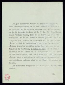 Propuesta de Salustiano Portela Pazos como académico correspondiente en la vacante por fallecimie...