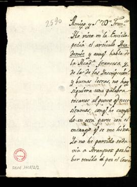 Carta de Fernando de Magallón a Francisco Antonio de Angulo en la que le comunica que ha visto el...