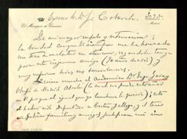 Carta del marqués de Cervera a Emilio Cotarelo en la que le hace la petición de que los compañero...