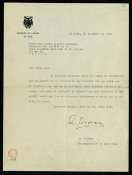 Carta de A. Cirera, secretario de la Legación de España en La Haya, a Julio Casares con la que re...