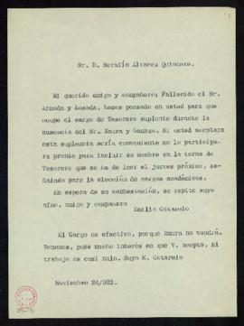 Minuta de la carta de Emilio Cotarelo a Serafín Álvarez Quintero en la que le manifiesta que, fal...