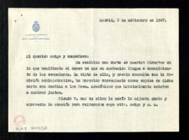 Circular de Julio Casares, secretario, a los académicos con la que remite una copia de una carta ...