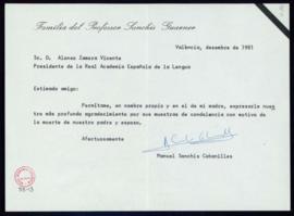 Carta de Manuel Sanchis Cabanilles a Alonso Zamora Vicente en el que le agradece el pésame recibi...