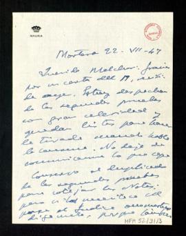 Carta de Gabriel Maura a Melchor Fernández Almagro en la que le dice que está despachando las seg...