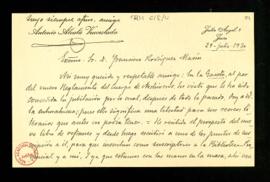 Carta de Antonio Alcalá Venceslada a Francisco Rodríguez Marín en la que le felicita por su jubil...
