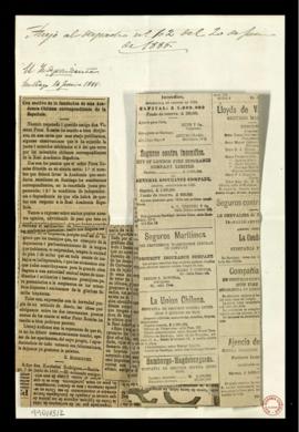 Recortes de los periódicos El Independiente, de 14 de junio de 1885, y El Mercurio, de 10 de juni...
