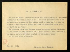 Copia sin firma de la carta de Julio Casares a Juan Pujol en la que le pide que envíe a la Academ...