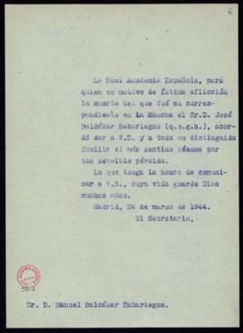 Copia sin firma del oficio de pésame del secretario [Julio Casares] a Manuel Balcázar Sabariegos ...