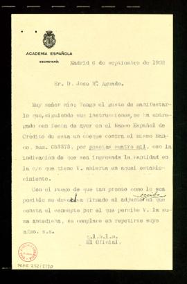 Minuta de la carta del oficial de la Secretaría a José M.ª Aguado con la confirmación de la entre...