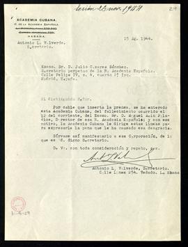 Carta del secretario de la Academia Cubana, Antonio L. Valverde, al secretario de pésame por el f...
