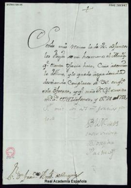 Carta de Josefa Pacheco a Francisco Antonio Angulo en la que le comunica que ha recibido unos eje...