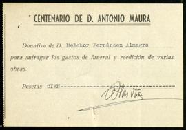 Donativo de 100 pesetas de Melchor Fernández Almagro al centenario del nacimiento de Antonio Maura