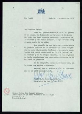 Carta del barón E. J. Lewe van Aduard a Dámaso Alonso con la que le remita una biografía de C. F....