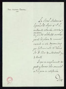 Copia del oficio del secretario [Mariano Catalina] a Emilio Cotarelo y Mori de comunicación de su...