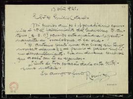 Carta de [Prudencio] Rovira al secretario, Emilio Cotarelo, en la que le comunica el fallecimient...