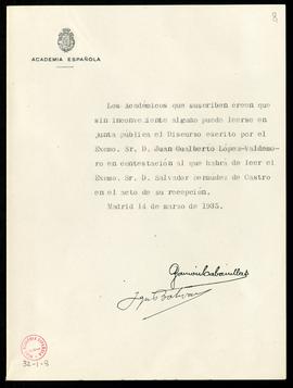 Informe de censura favorable del discurso de contestación de Juan Gualberto López-Valdemoro al de...