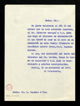 Copia sin firma del oficio del secretario [Julio Casares] a Eugenio d'Ors, con el que le comunica...