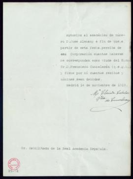 Autorización de M[aría] Clorinda Cataldi a José Alemany para que perciba de la Real Academia Espa...