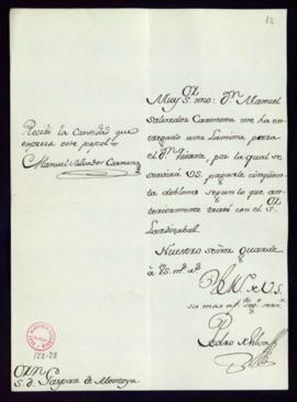 Orden de Pedro de Silva a Gaspar de Montoya del pago a Manuel Salvador Carmona de 50 doblones por...