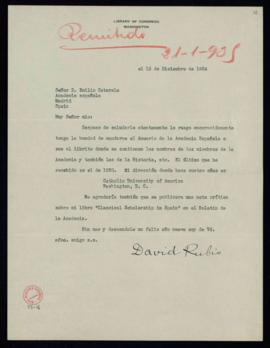 Carta de David Rubio a Emilio Cotarelo en la que le solicita el envío del Anuario y le indica que...