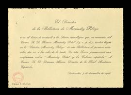 Tarjeta de invitación del director de la Biblioteca de Menéndez Pelayo a la sesión en memoria de ...