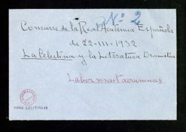 Sobre rotulado Concurso de la Real Academia Española de 22-III-1932. La Celestina y la Literatura...