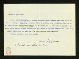Carta de Azorín a Melchor Fernández Almagro en la que le dice que está leyendo con sumo gusto su ...