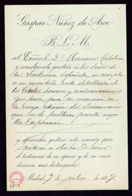 Besalamano de Gaspar Núñez de Arce al secretario, Mariano Catalina con la que remite una nota de ...