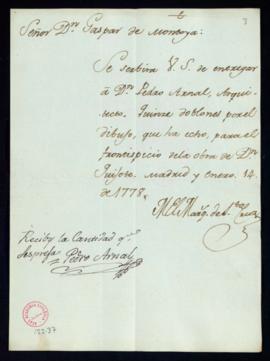 Orden del marqués de Santa Cruz del pago a Pedro Arnal, arquitecto, de 15 doblones por un dibujo ...