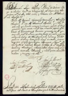 Orden del marqués de Villena del libramiento a favor del conde de Torrepalma de 361 reales y 14 m...