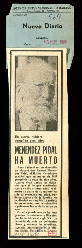 Recorte de Nuevo Diario con la noticia Menéndez Pidal ha muerto