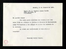 Copia sin rúbrica de la carta de Rafael Lapesa a Narciso Alonso Cortés para informarle de que ha ...