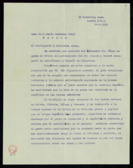Copia de la carta de Abraham Shalom Yahuda a Ramón Menéndez Pidal en la que acusa el recibo del t...