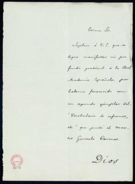 Carta de Rafael Álvarez Sereix al director en la que le agradece el envío de un ejemplar del Voca...