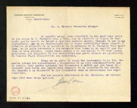 Carta de Francisco González Carrascosa a Melchor Fernández Almagro en la que le dice que se ha re...