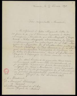 Carta de Estanislao José Siennicki a Manuel Tamayo y Baus, secretario, en la que le comunica que ...