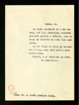 Copia sin firma del oficio del secretario [Julio Casares] a Ramón Menéndez Pidal de comunicación ...