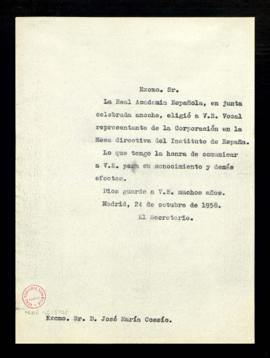 Copia sin firma del oficio del secretario a José María Cossío en el que le comunica que ha sido e...