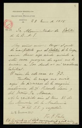 Carta de Pedro Fabo al administrador del Boletín en la que le pide que le sigan enviando el Bolet...