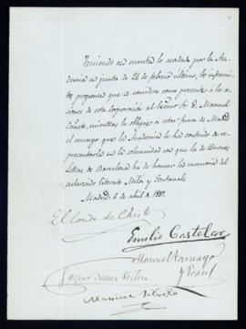 Propuesta del conde de Cheste, Emilio Castelar, Manuel Tamayo y Baus, Gaspar Núñez de Arce y Manu...