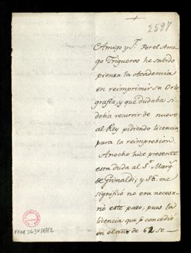 Carta de Bernardo de Iriarte a Francisco Antonio Angulo en la que le indica que el marqués de Gri...