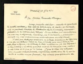 Carta de Horacio Moreu, conde de Torre Isabel, a Melchor Fernández Almagro en la que le dice que ...
