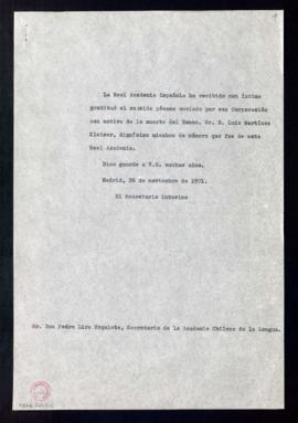 Copia sin firma del oficio de agradecimiento del secretario interino a Pedro Lira Urquieta, secre...