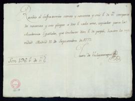 Recibo de Juan de Undajáuregui de 196 reales de vellón por noventa y tres pliegos copiados para l...