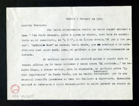 Copia de la carta de Melchor Fernández Almagro a Torcuato Luca de Tena en la que le dice que just...