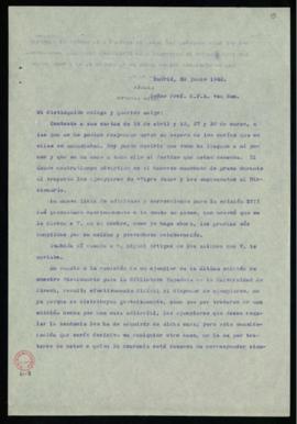 Minuta de la carta de Julio Casares a C. F. Adolf van Dam en la que acusa recibo de la lista de a...